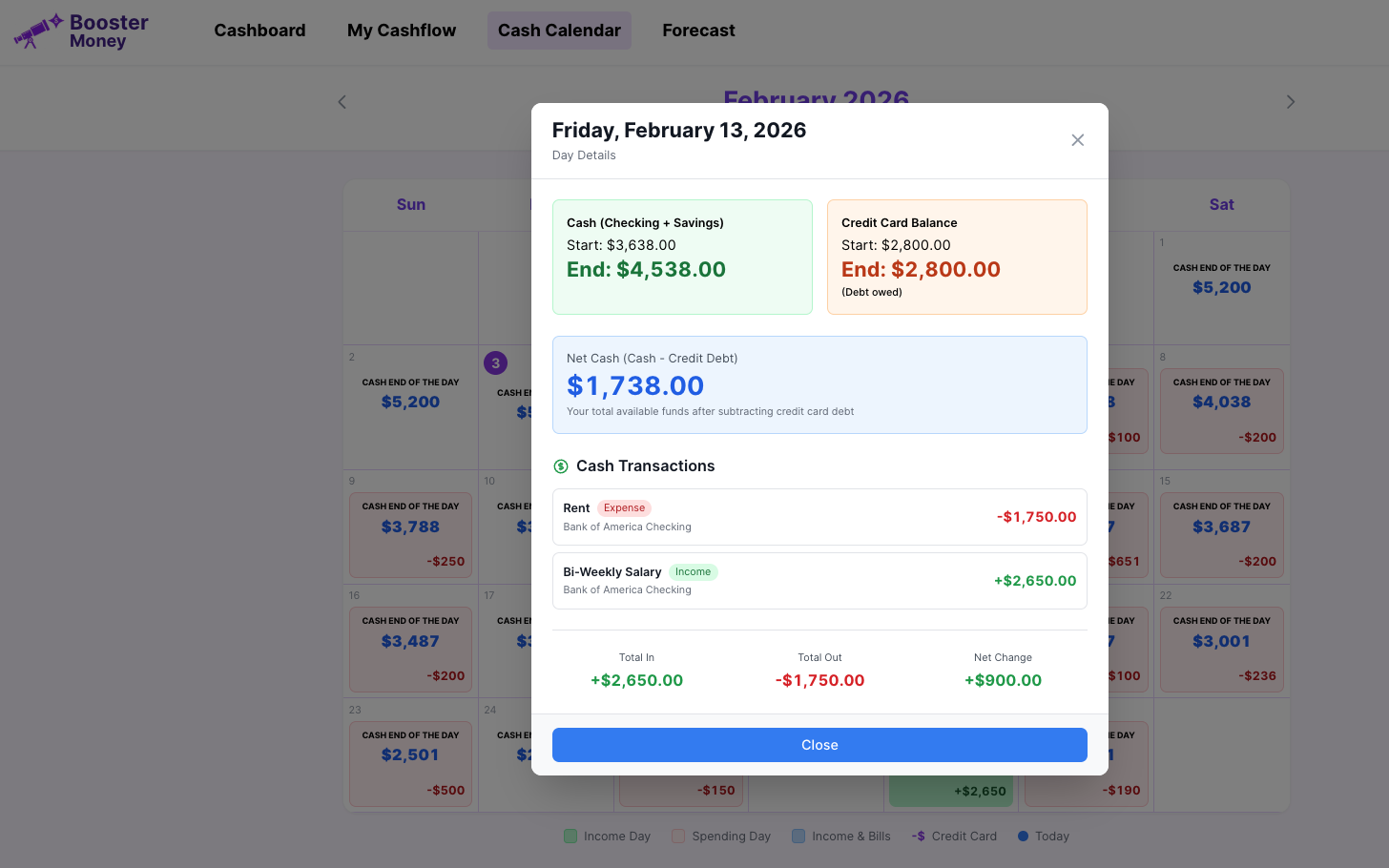 Day detail popup showing transactions and balances